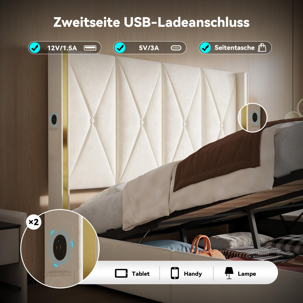 POLSTERBETT 160/200 cm in Beige Samt mit Bettkasten, LED, USB und Seitentaschen - Beige, Holzwerkstoff/Textil (160/200cm) - STILVORA