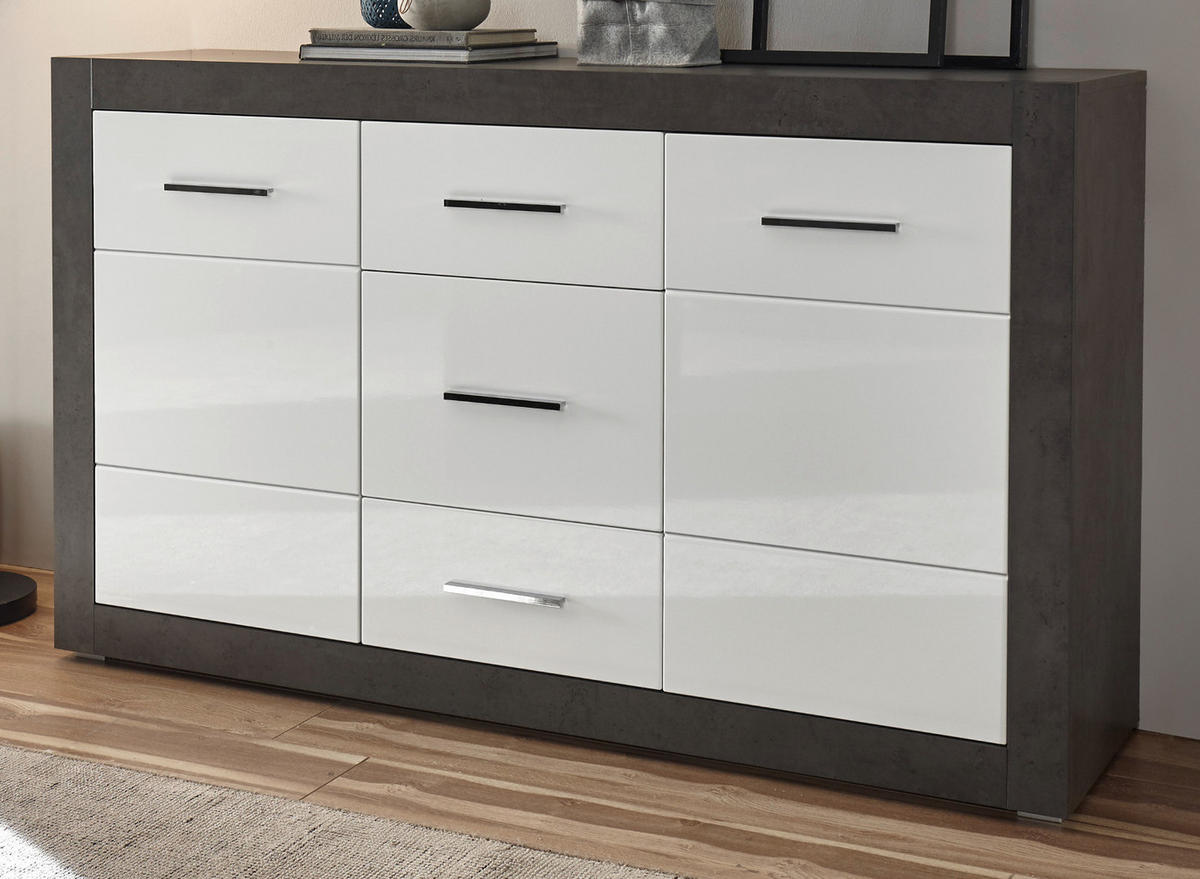 SIDEBOARD weiß Hochglanz, grau Stone 164 cm, Kommode mit viel Stauraum - Chromfarben/Weiß Hochglanz, Holzwerkstoff/Kunststoff (164/97/42cm) - Furn.Design