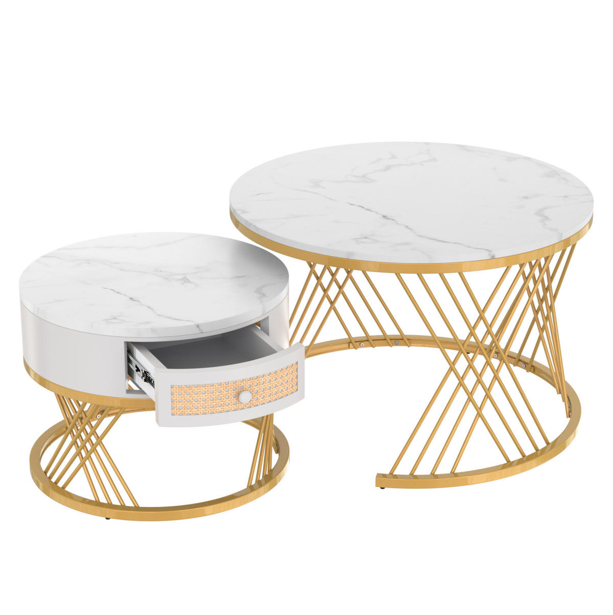 COUCHTISCH-SET 70/70/45,5 + 50/50/38,5 cm in Weiß mit Schublade und Marmormuster - Weiß, Holzwerkstoff (70/70/48cm) - Flora Grace
