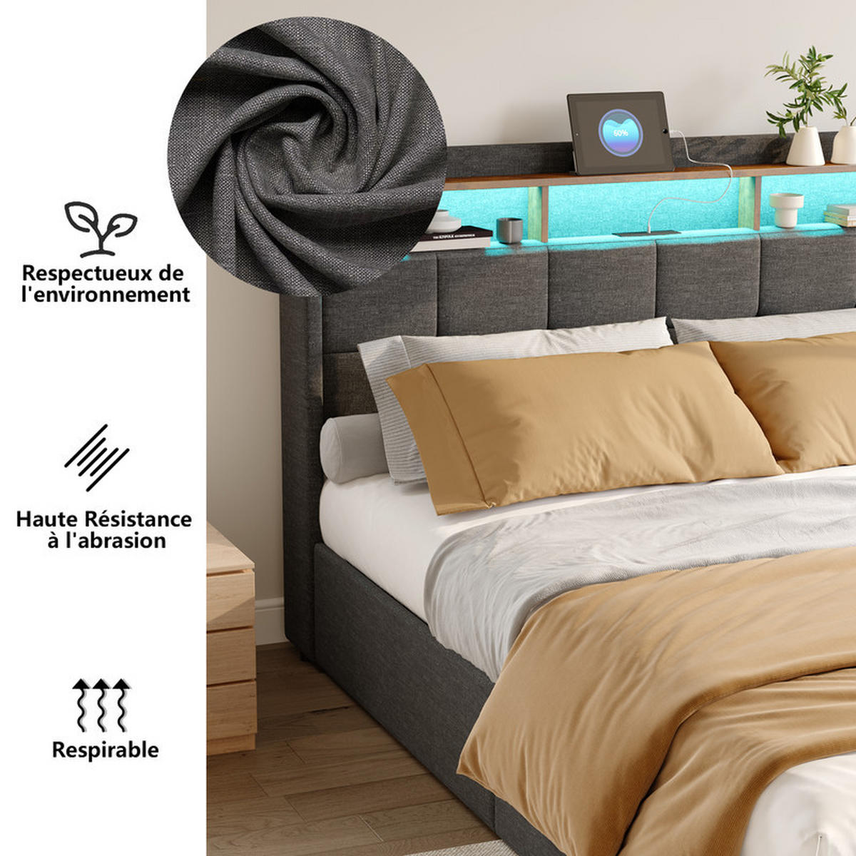 POLSTERBETT 140x190 cm, Grau, Leinen, mit LED-Lichtleiste und Schubladen, Ladeanschluss, ohne Matratze - Grau, Holz (140/190cm) - WoodenAura