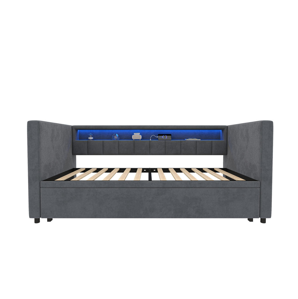 SCHLAFSOFA 90/190 cm mit Ausziehbett, LED-Beleuchtung, USB-Type-C und Samtbezug, Dunkelgrau - Dunkelgrau, Textil (201/73/100cm) - Redom