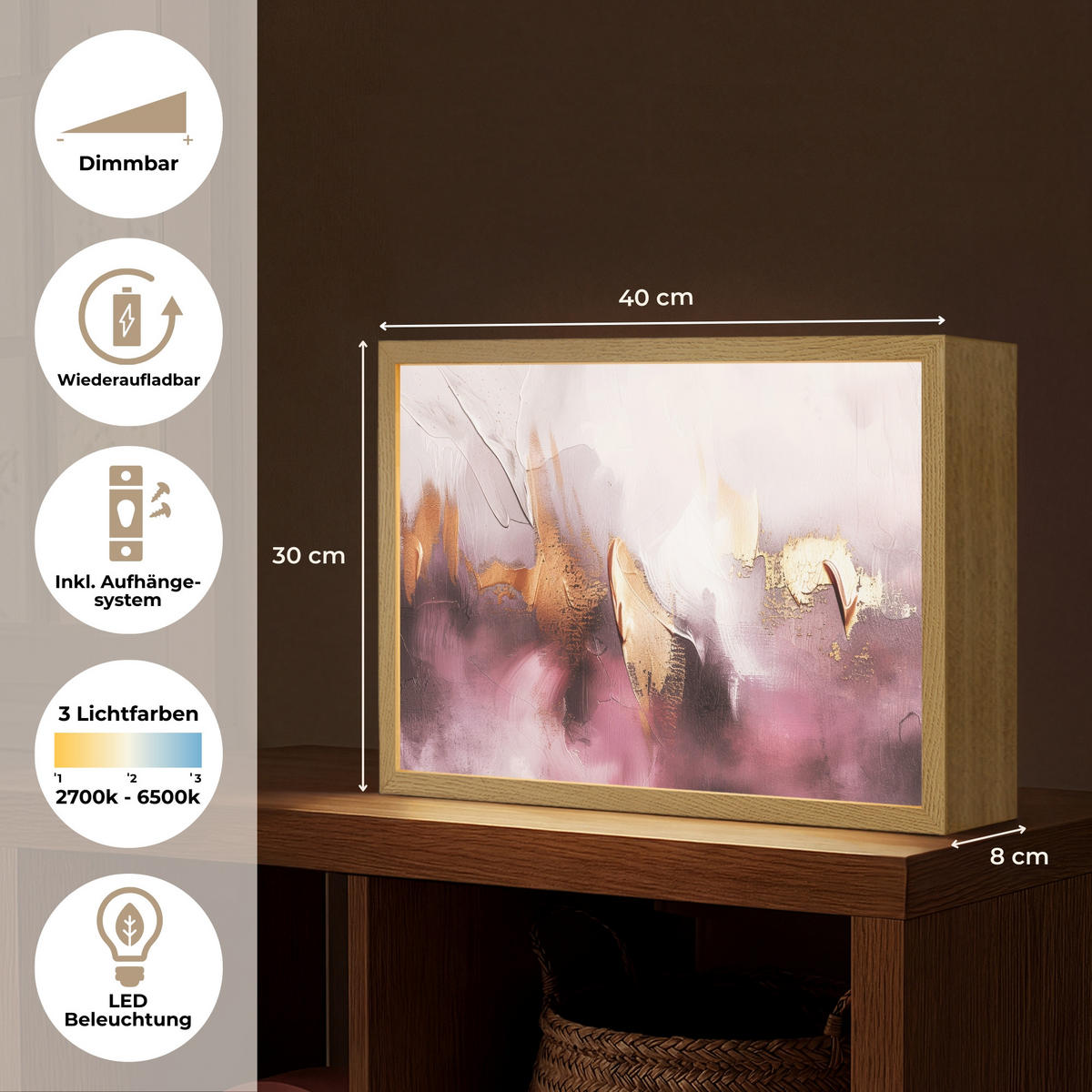 NÁSTĚNNÁ LAMPA S AKUMULÁTOREM Fialová - abstraktní - barva - zlatá 40x30 cm - světle fialová, kompozitní dřevo (40/30/8cm) - OnlyWow