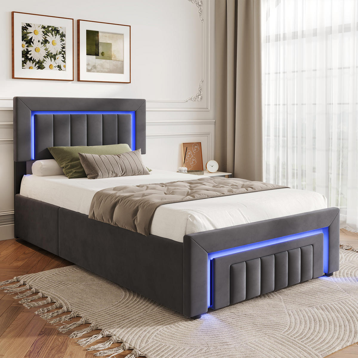 POLSTERBETT 90/200 cm mit hydraulischem Bettkasten, Schublade mit Rollen, LED-Beleuchtung, Grau - Grau, Textil (90/200cm) - Redom