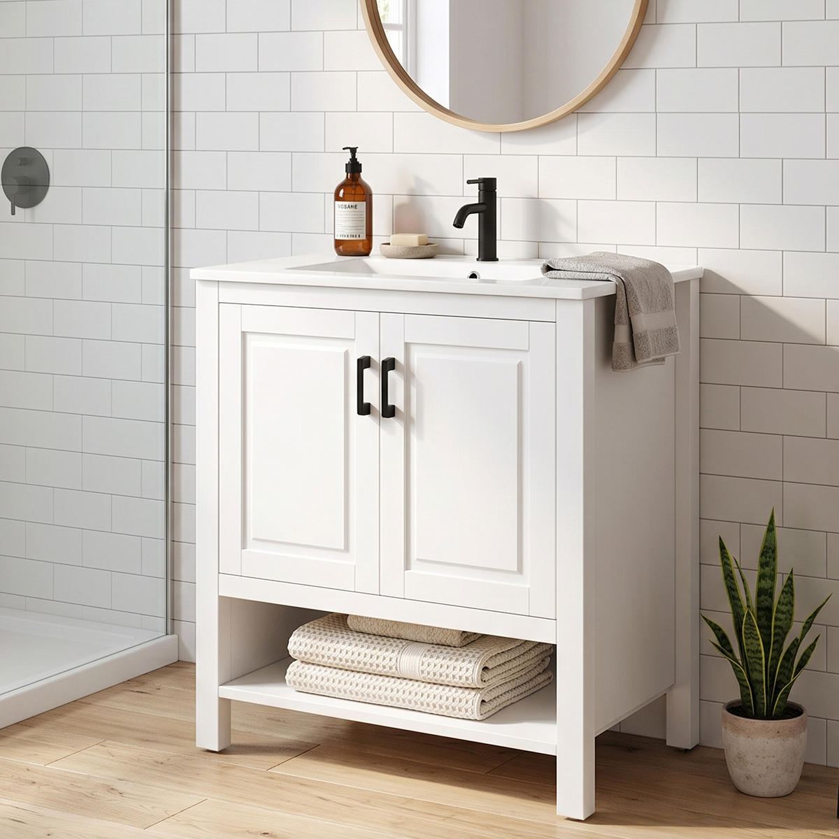 WASCHTISCH 76,5cm Keramikbecken Doppeltür & offene Regale Weiß - Weiß, Holzwerkstoff (76.5/83/47cm) - Urban Meuble
