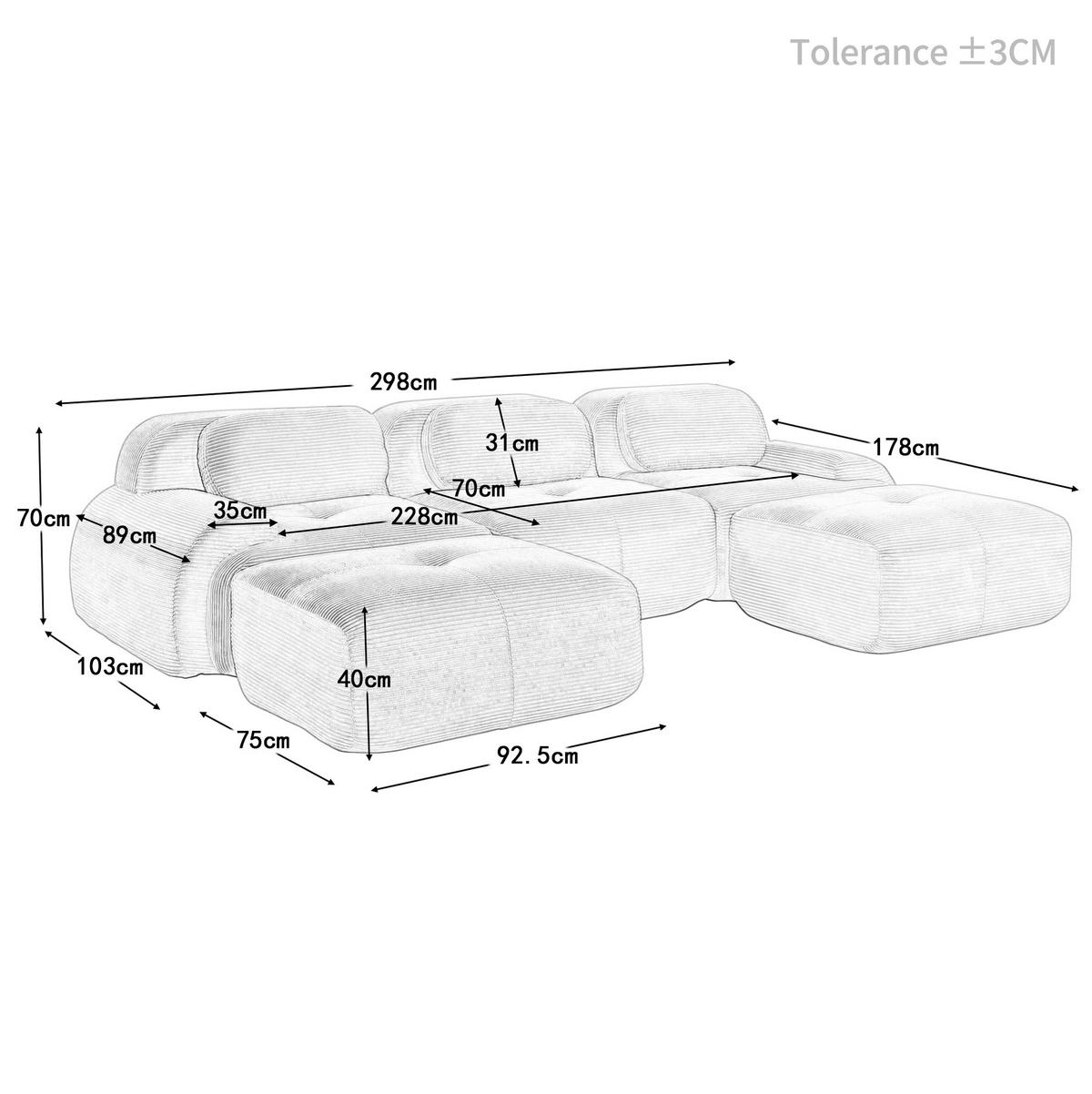 ECKSOFA 298/178/70 cm Braun aus Cordstoff modular, rahmenlos und montagefrei - Braun, Textil (178/298cm) - OKWISH