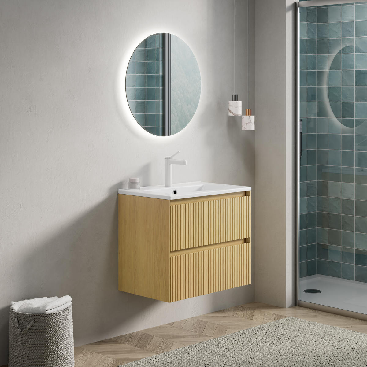 BADEZIMMERSCHRANK 61x39x51.5 cm Golden Oak & Weiß aus Keramik & Sperrholz mit 2 Schubladen - Eichefarben, Keramik (61/51.5/39cm) - Modfu