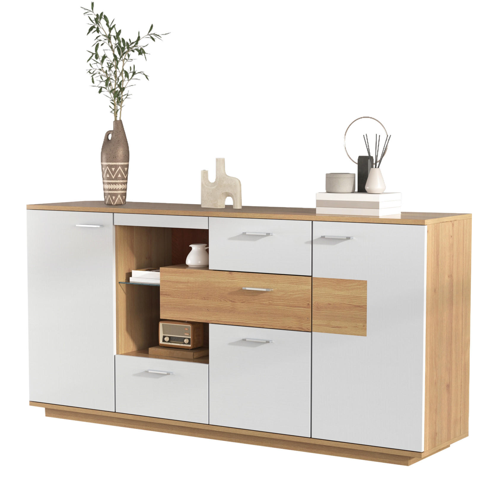 OKWISH BOČNÍ skříň 160/40/77 cm bílá a dřevodekor z MDF s LED osvětlením a 4 zásuvkami