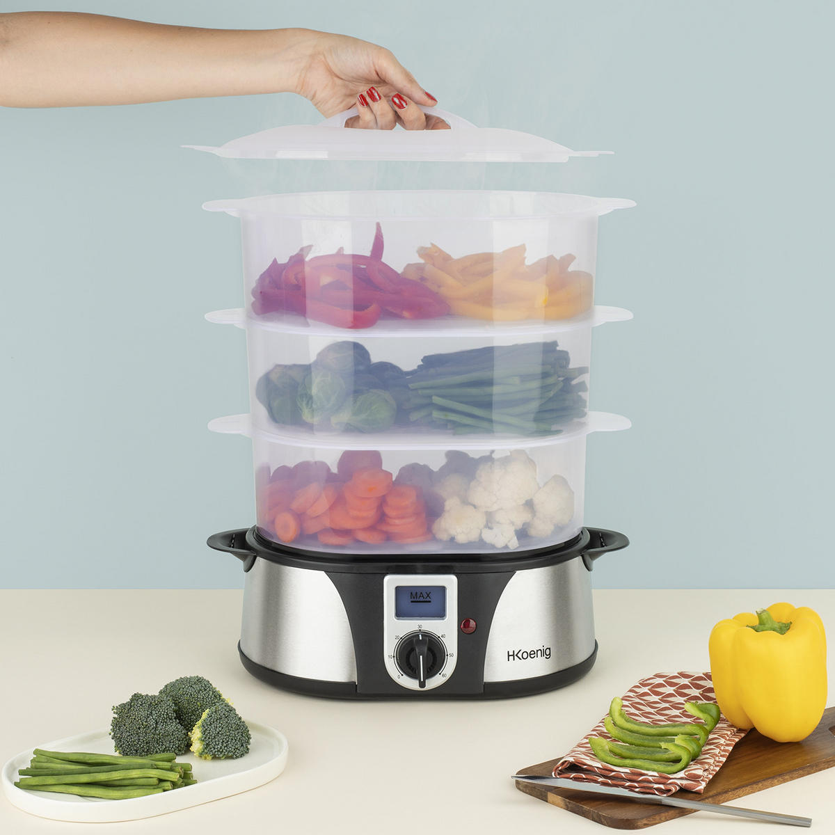 DAMPFGARER VAP10 Grau und Transparent, 3 herausnehmbare stapelbare Schalen für Eier, Gemüse, Reis - Silberfarben, Metall (35/43/20cm) - HKoenig