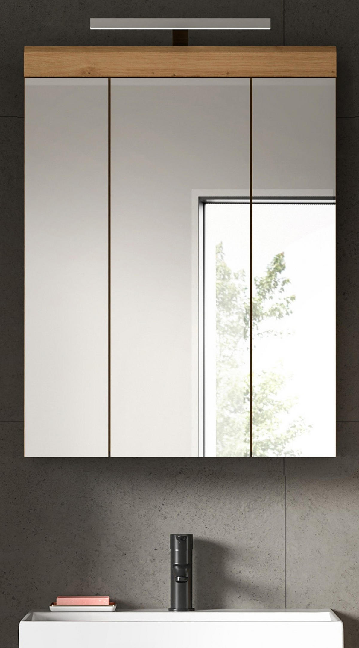 SPIEGELSCHRANK Salbei grün, Eiche Artisan 60 cm, Badschrank 3-türig - Eiche Artisan, Glas/Holzwerkstoff (60/79/18cm) - Inn.Furn