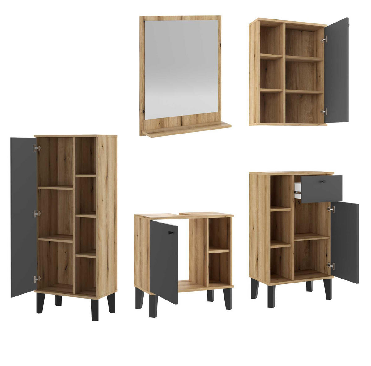 BADMÖBEL-SET 5-teilig grau, Evoke Eiche, Badkombination, 182 x 190 cm - Eichefarben/Grau, Glas/Holzwerkstoff (182/190/33cm) - Furn.Design