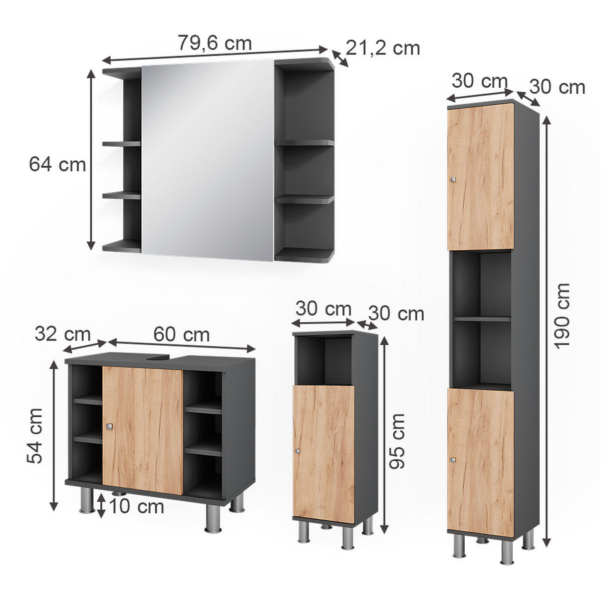 BADMÖBEL-SET Fynn Anthrazit/Goldkraft Eiche 4 Teile - Honigeiche/Anthrazit, Holzwerkstoff (60/54/32cm) - Vicco