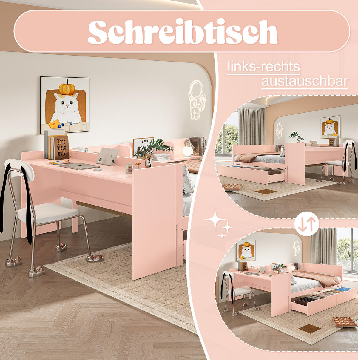 BETT 140/200 cm mit Schreibtisch, 2 Schubladen und 3 Regalen aus Kiefern und Spanplatte, Weiß/Rosa - Rosa, Holzwerkstoff (140/200cm) - Redom