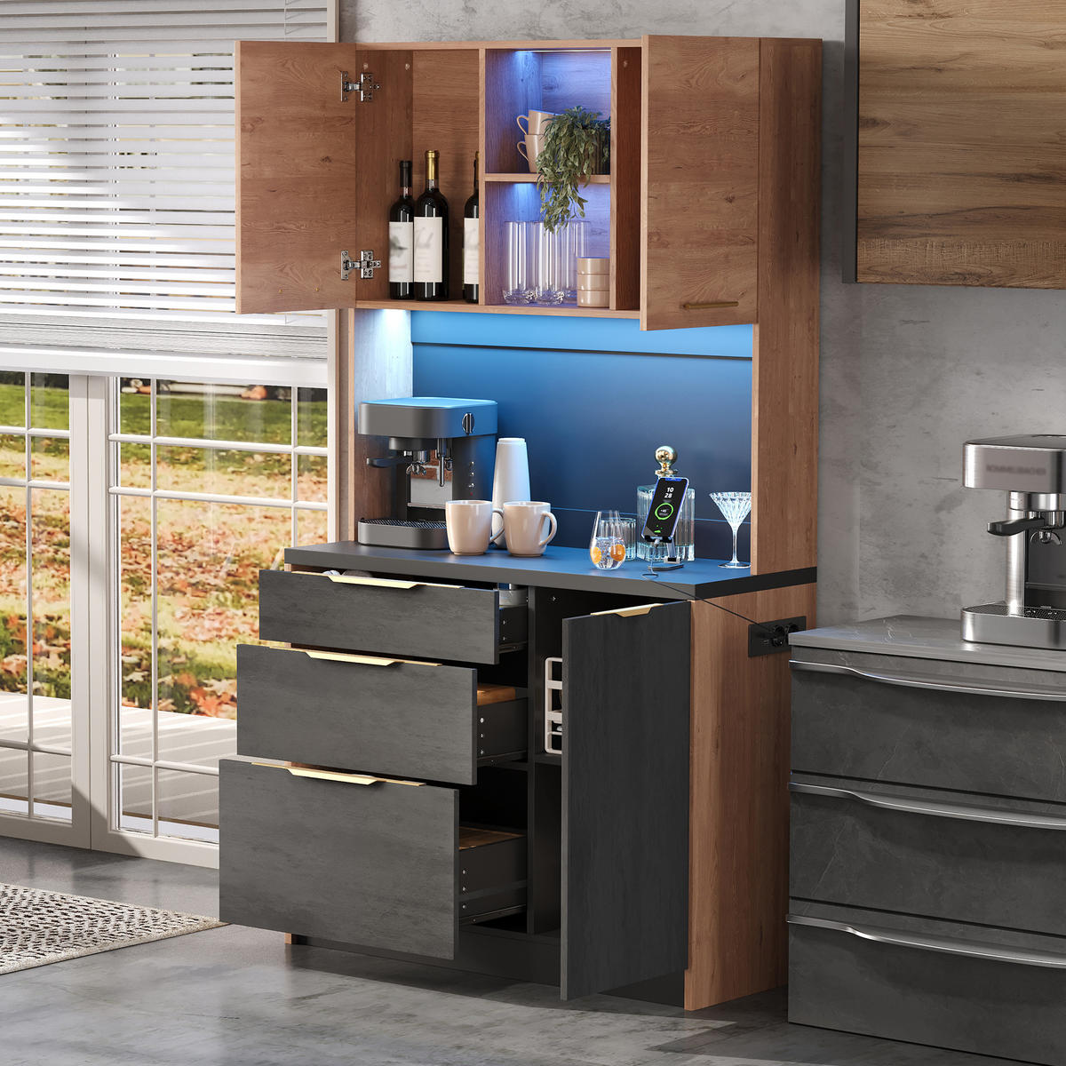 BUFFET Moderner LED Hochschrank mit Arbeitsplatte, USB Steckdose, Stauraum MDF - Schwarz/Naturfarben, Holzwerkstoff (100/180/40cm) - EVRYAE