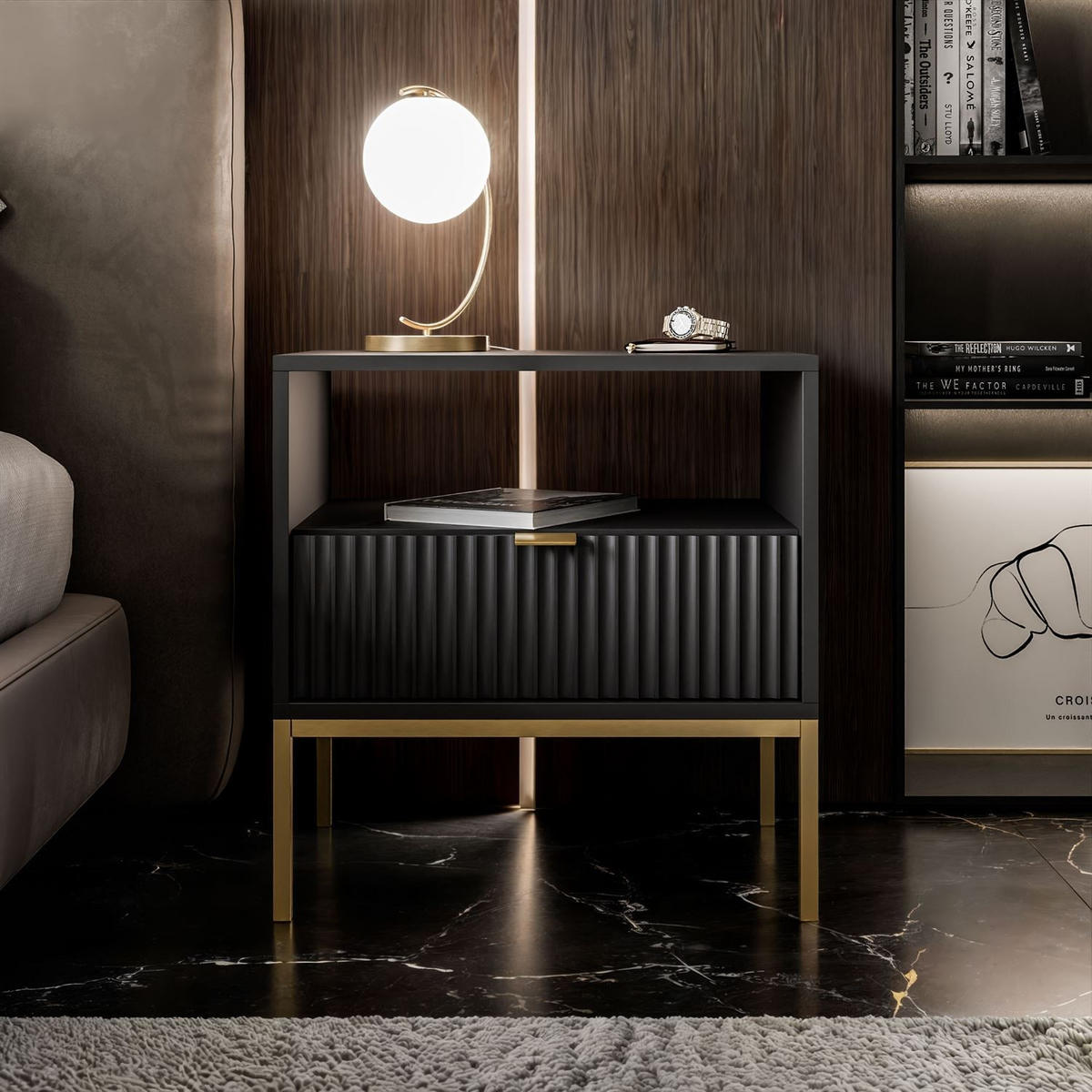 NACHTTISCH CORTADO GOLD S54 SCHWARZ - Schwarz, Holzwerkstoff (54/56/39cm) - Lookway