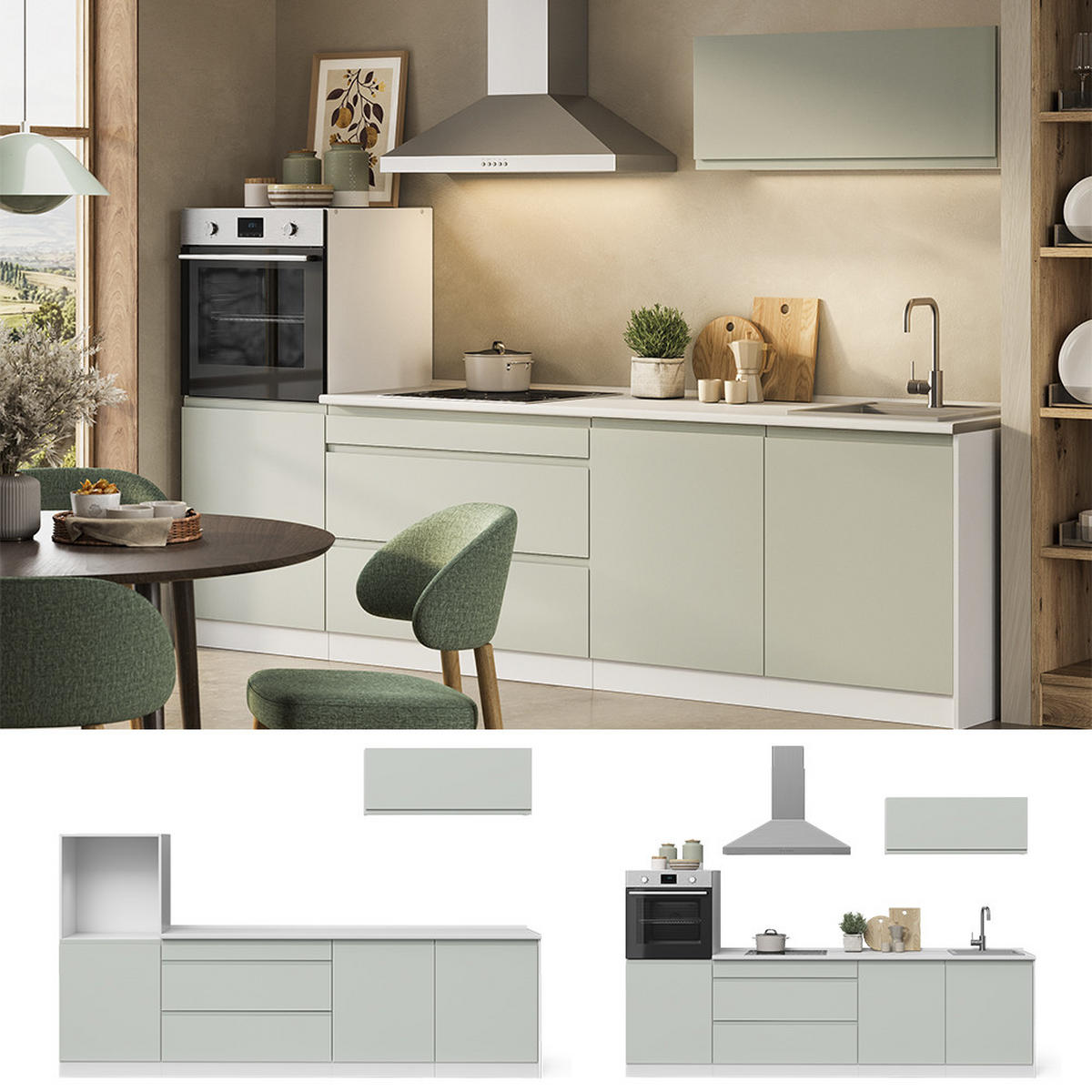 KÜCHENZEILE R-Line, Pastellgrün/Weiß, 280 cm Arbeitsplatte Satin - Pastellgrün/Weiß, Holzwerkstoff (280/143/60cm) - Vicco
