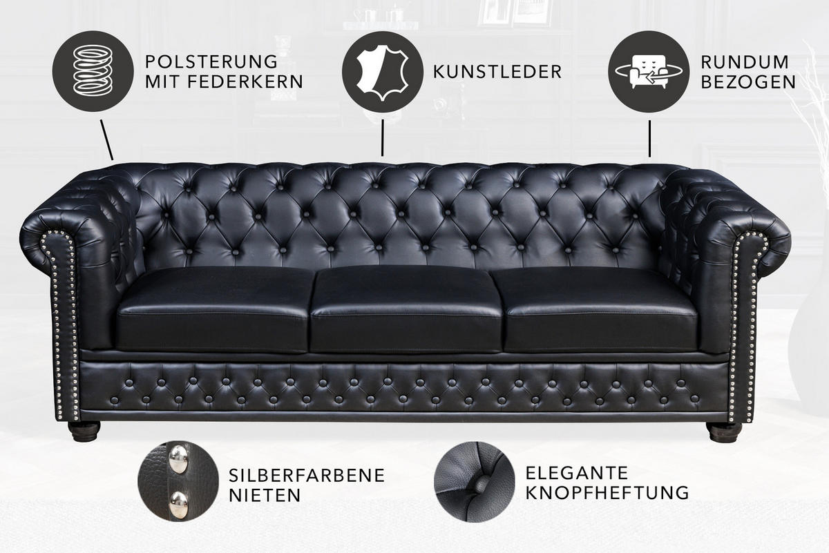 3-SITZER SOFA CHESTERFIELD Kunstleder Schwarz 205 cm - Dunkelbraun/Schwarz, Holz/Textil (205/73/85cm) - riess-ambiente