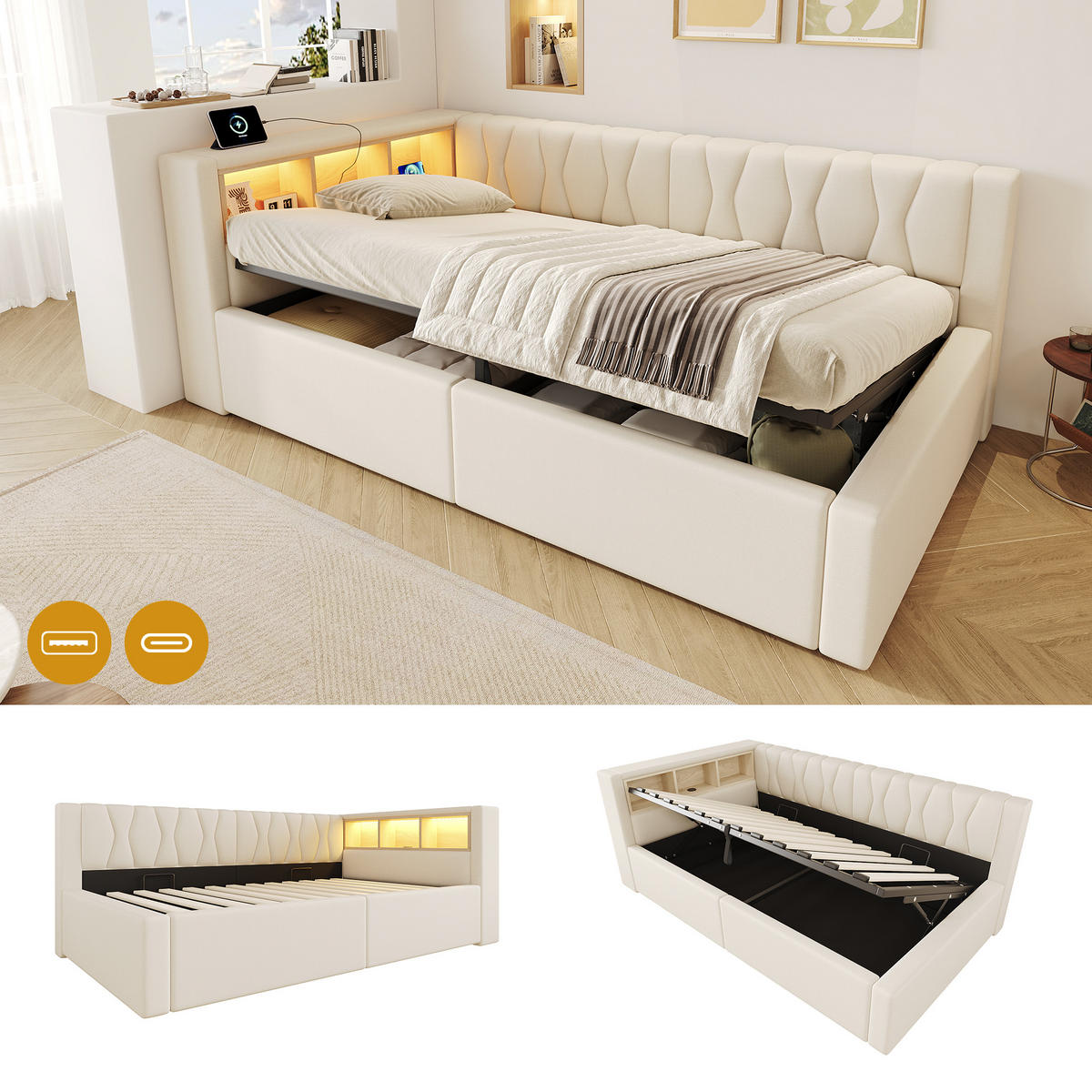 TAGESBETT 90x200cm Schlafsofa Hydraulik LED USB Beige - Beige, Naturmaterialien (90/200cm) - FLIEKS
