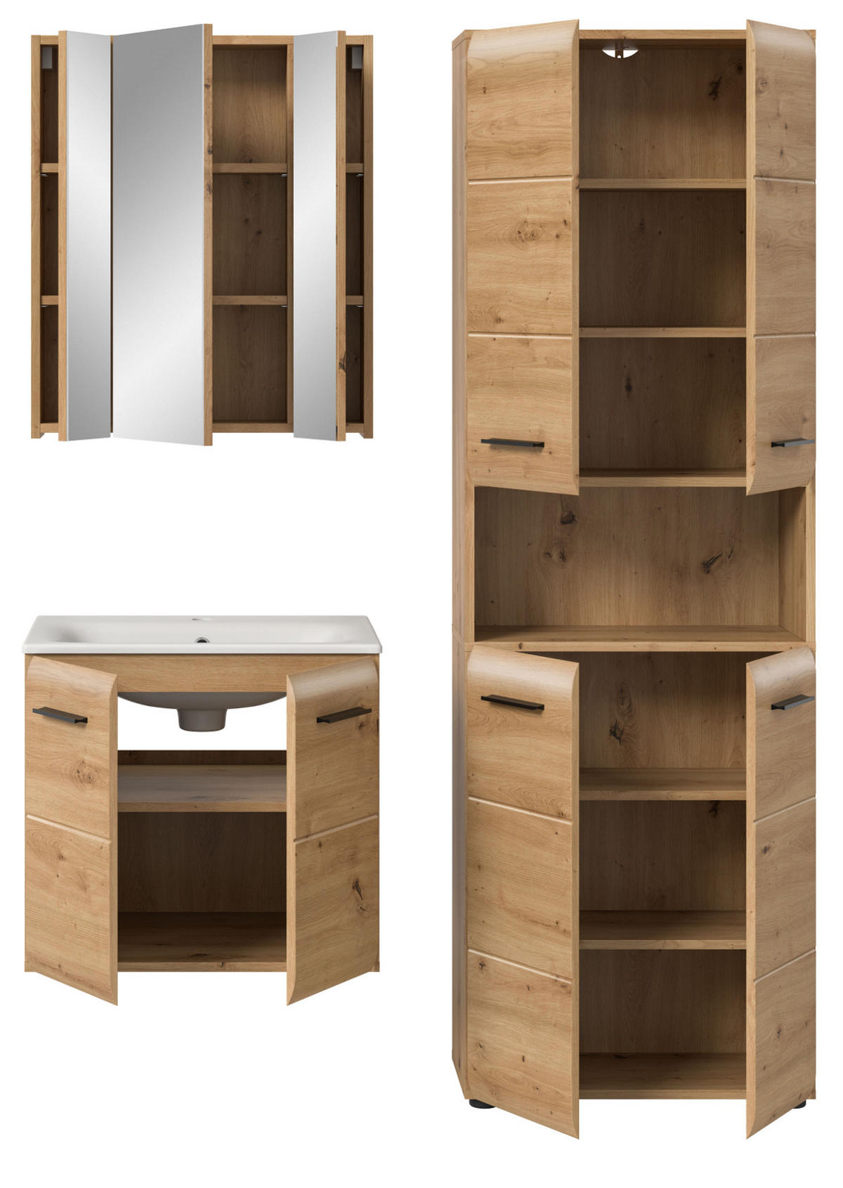 BADMÖBEL-SET Eiche Artisan 3-teilig, Badkombination 135 cm inklusive Waschbecken, Cover - Schwarz/Eiche Artisan, Glas/Keramik (135/185/46cm) - Inn.Furn