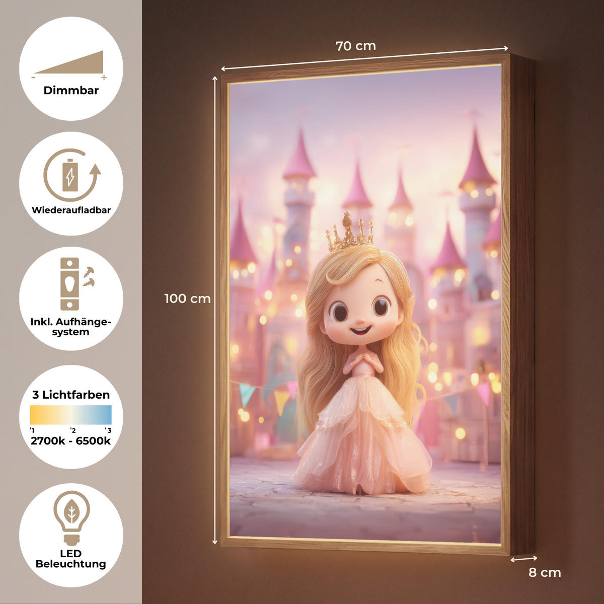 DOBÍJECÍ NOČNÍ LAMPIČKA Princezna - Růžová - Zámek 70x100 cm - růžová, kompozitní dřevo (8/70/100cm) - OnlyWow