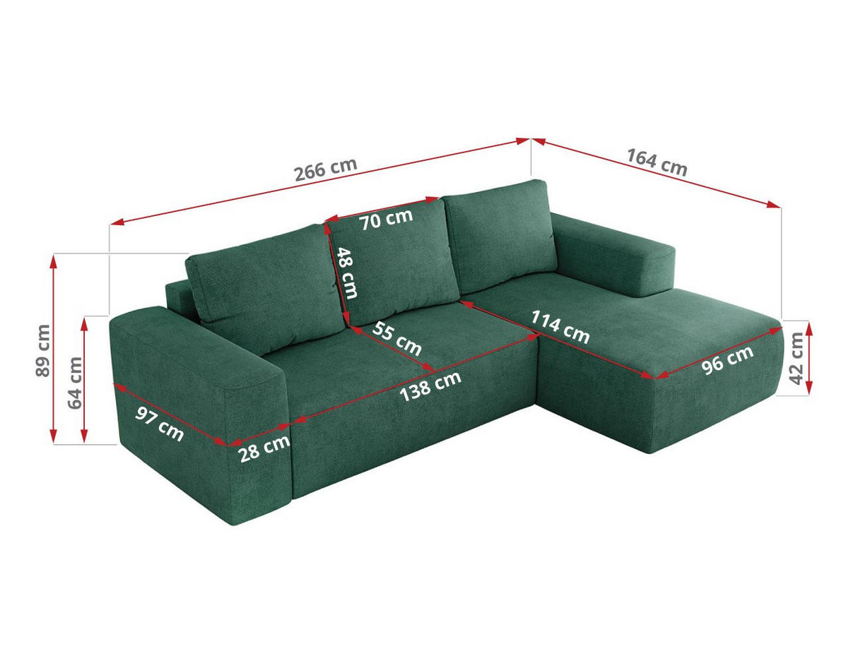 ECKSOFA TRENTINO L Grün Stukture - Rechts - Schwarz/Grün, Textil (164/266cm) - MKS