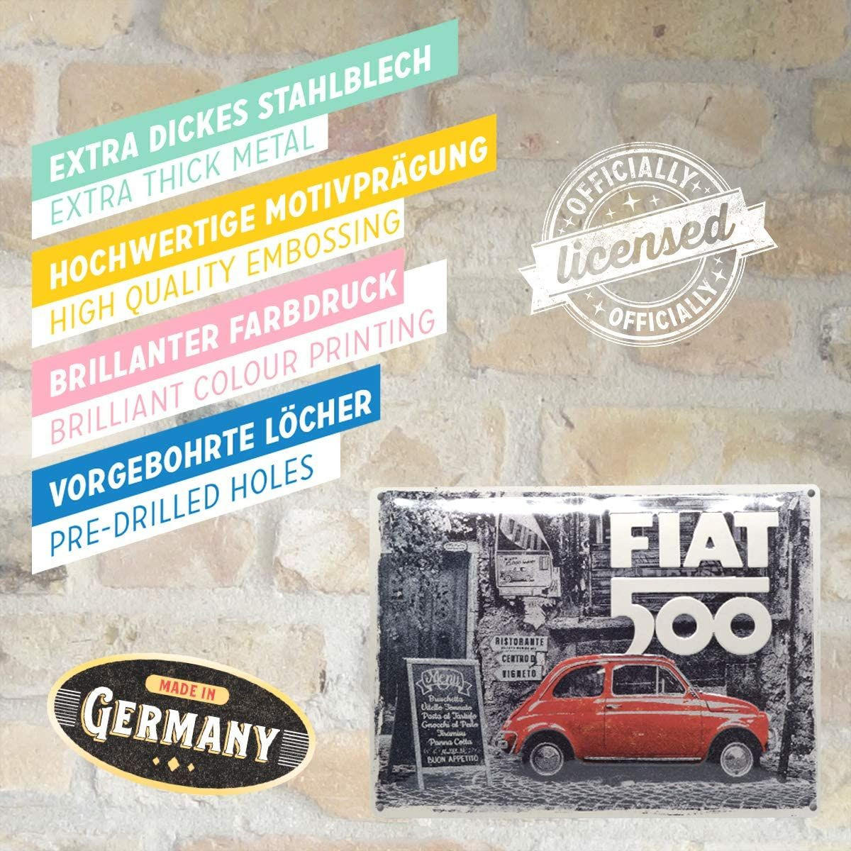 BLECHSCHILD 30/40 cm Fiat 500 Red Car in the Street - Multicolor, Metall (40/30/0.2cm) - Nostalgic-Art