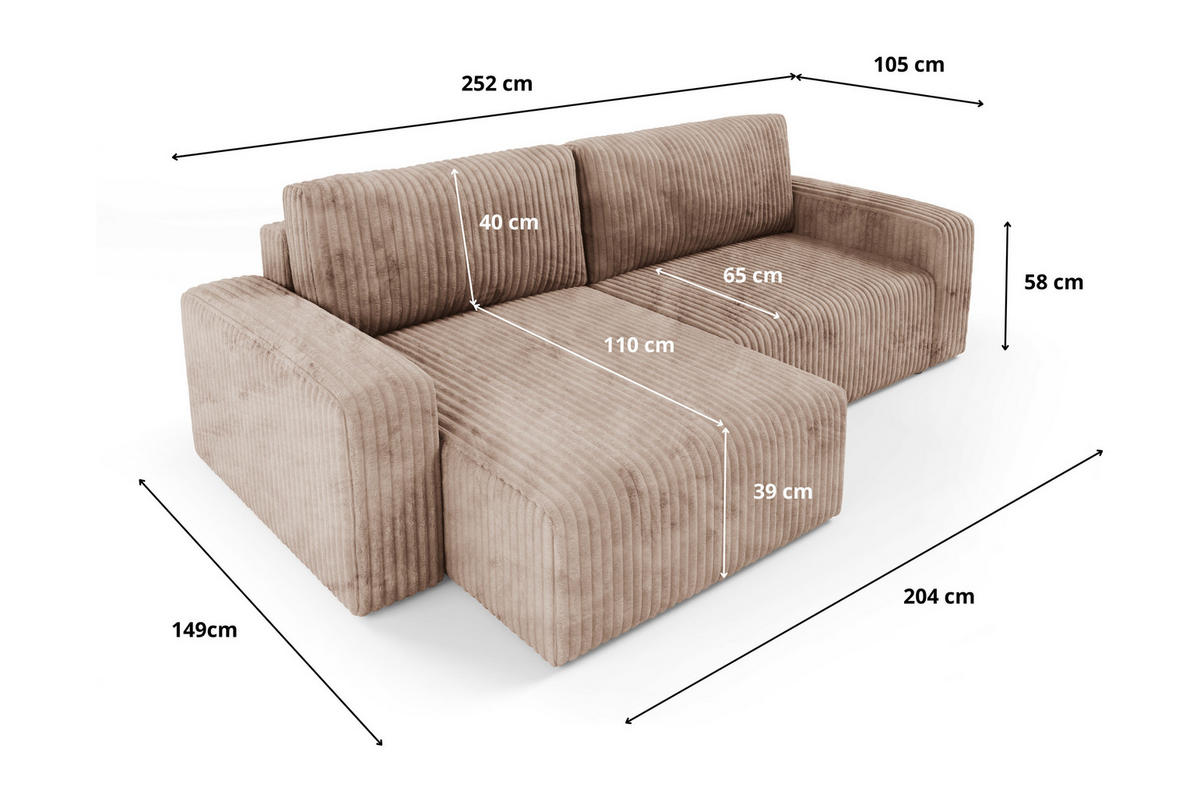 ECKSOFA mit Schlaffunktion Cord Schwarz - Schwarz, Textil (252/149cm) - Furnisell