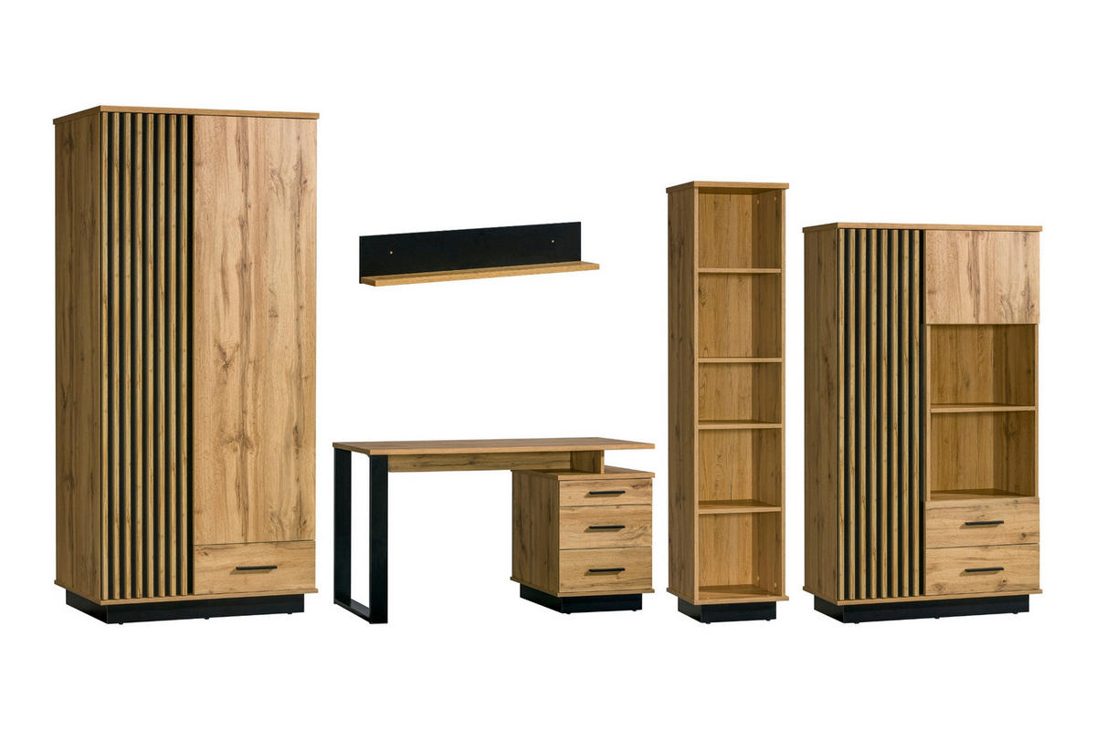 JUGENDZIMMER-SET LAMI G 5-teilig in Wotan Eiche / Schwarz Matt mit Lamellen - Eiche Wotan/Schwarz, Holzwerkstoff (355/56/194cm) - Deine Möbel 24