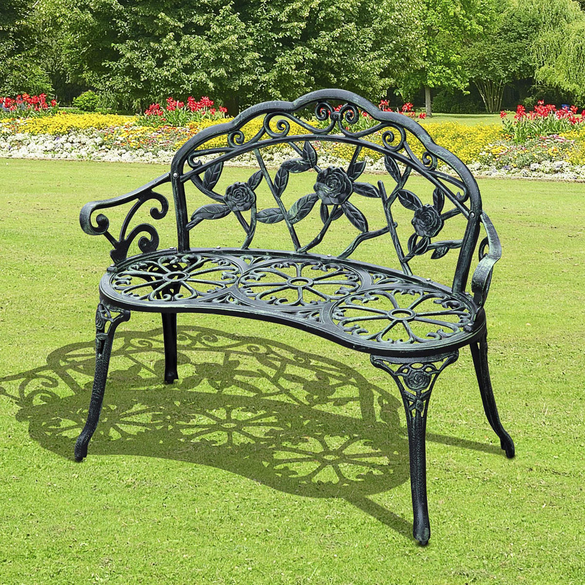 ZÁHRADNÁ lavica 100/54/78 cm antická zelená z liateho hliníka a liatiny pre 2 osoby - tmavozelená, kov (54/78/100cm) - OKWISH