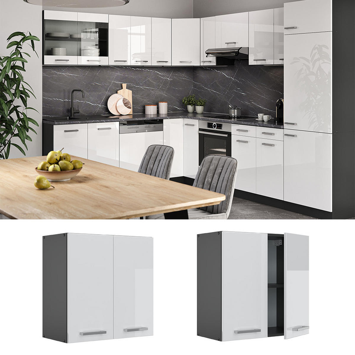 HÄNGESCHRANK R-Line Weiß Hochglanz 60 cm - Weiß Hochglanz/Anthrazit, Holzwerkstoff (60/60/31cm) - Vicco