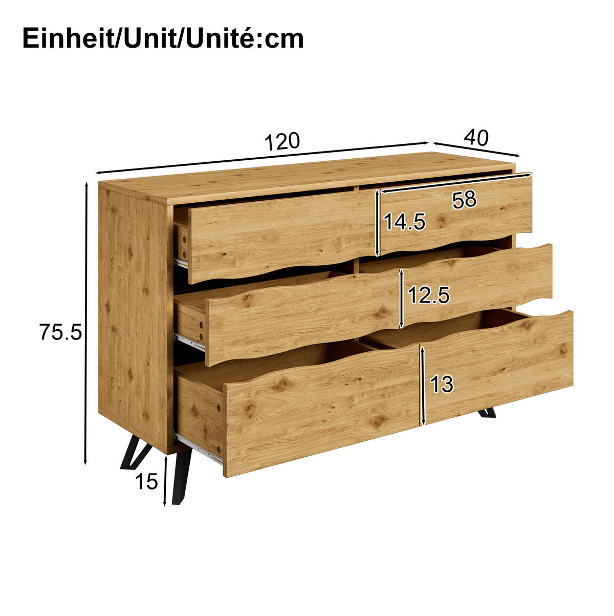 SIDEBOARD mit 6 Schubladen, Holzoptik mit wellenförmigen Fronten und schwarzen Metallfüßen, 120/40/75,5 cm,Naturfarben - Naturfarben, Holzwerkstoff (120/75.5/40cm) - Redom