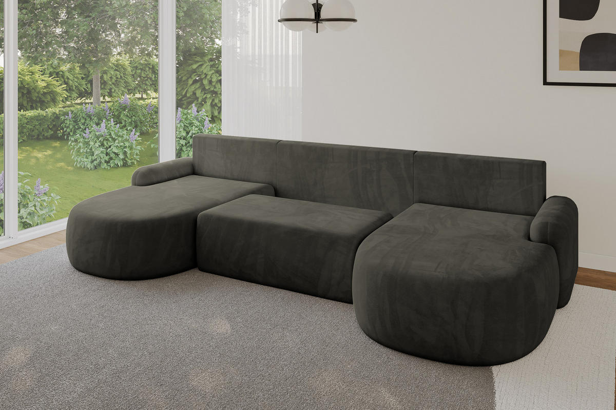 WOHNLANDSCHAFT mit Schlaffunktion und Bettkasten LIRA-U - 335x172x89 Schwarz - Schwarz Hochglanz, Holzwerkstoff/Textil (335/89/172cm) - ALTDECOR