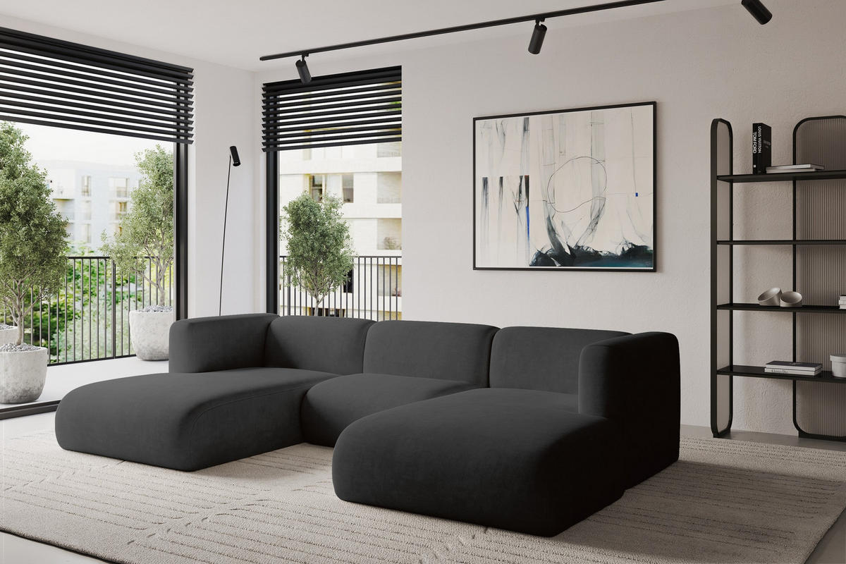 WOHNLANDSCHAFT MIRA-U1 317x179x70 Schwarz Velours - Anthrazit/Schwarz, Holzwerkstoff/Kunststoff (317/70/179cm) - ALTDECOR