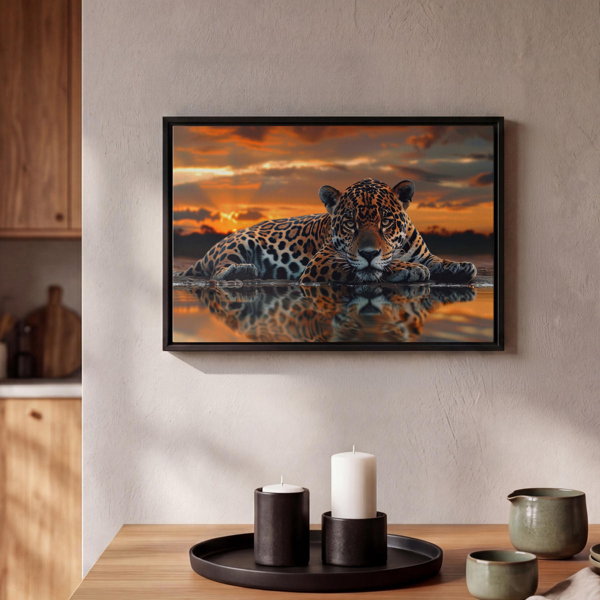 LEINWAND Bilder mit Rahmen - Natur - Leopard - Tier - Sonnenuntergang - Modern - 30x20 - Orange, Textil (30/20cm) - MuchoWow