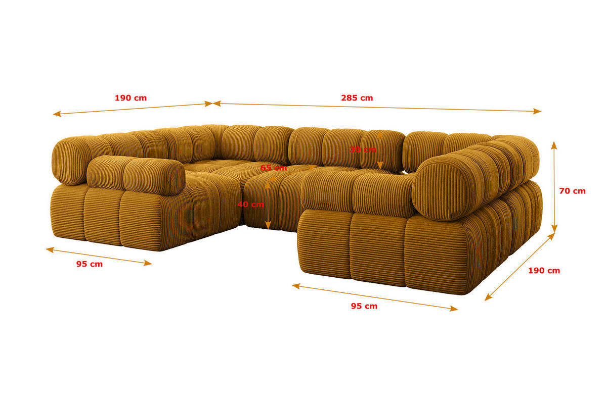 WOHNLANDSCHAFT modulares Sofa Birno-U1 - 285x190x70 cm Senfgelb Cord - Currygelb, Holzwerkstoff/Textil (285/70/190cm) - ALTDECOR