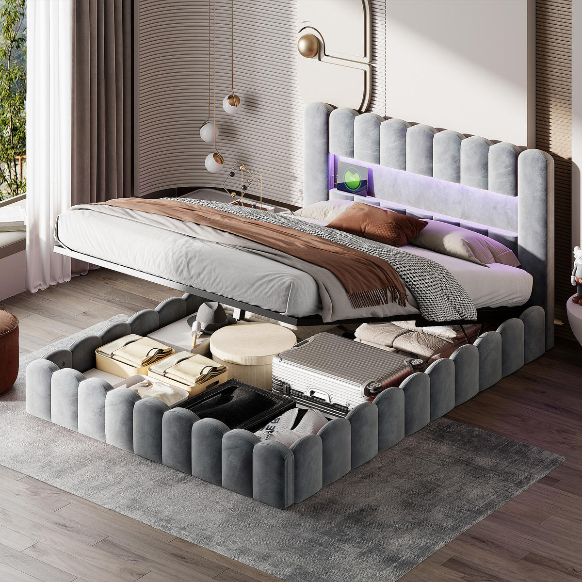 POLSTERBETT 180x200 cm, Grau, mit USB & LED - Hellgrau, Textil/Metall (180/200cm)