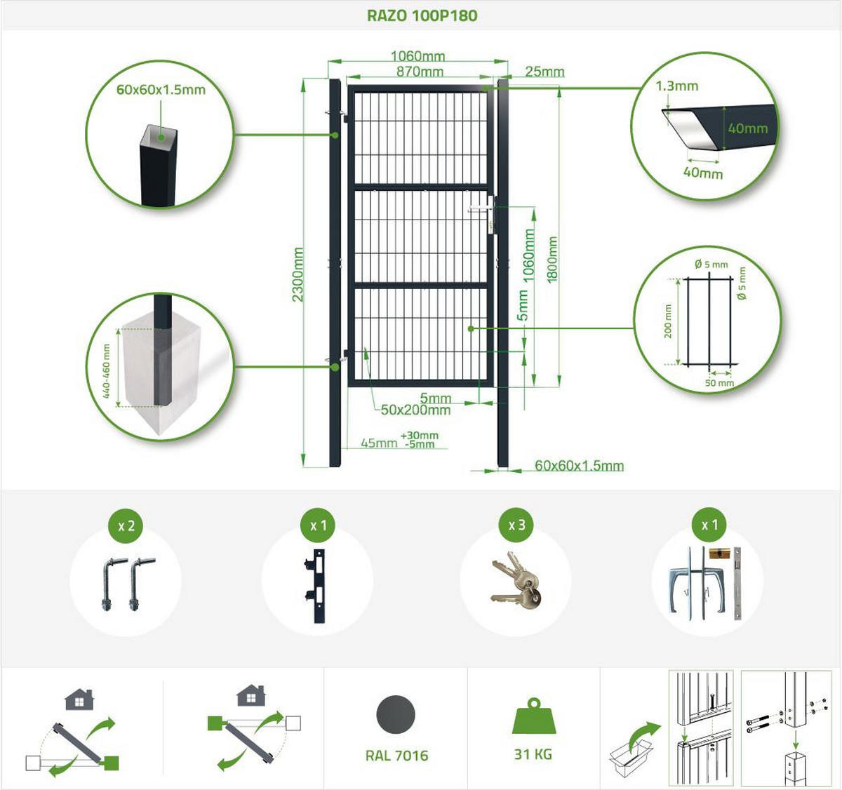 ZAUNTOR Razo grau 1m H.180cm Metall - Grau, Metall (106/186cm) - Casanoov