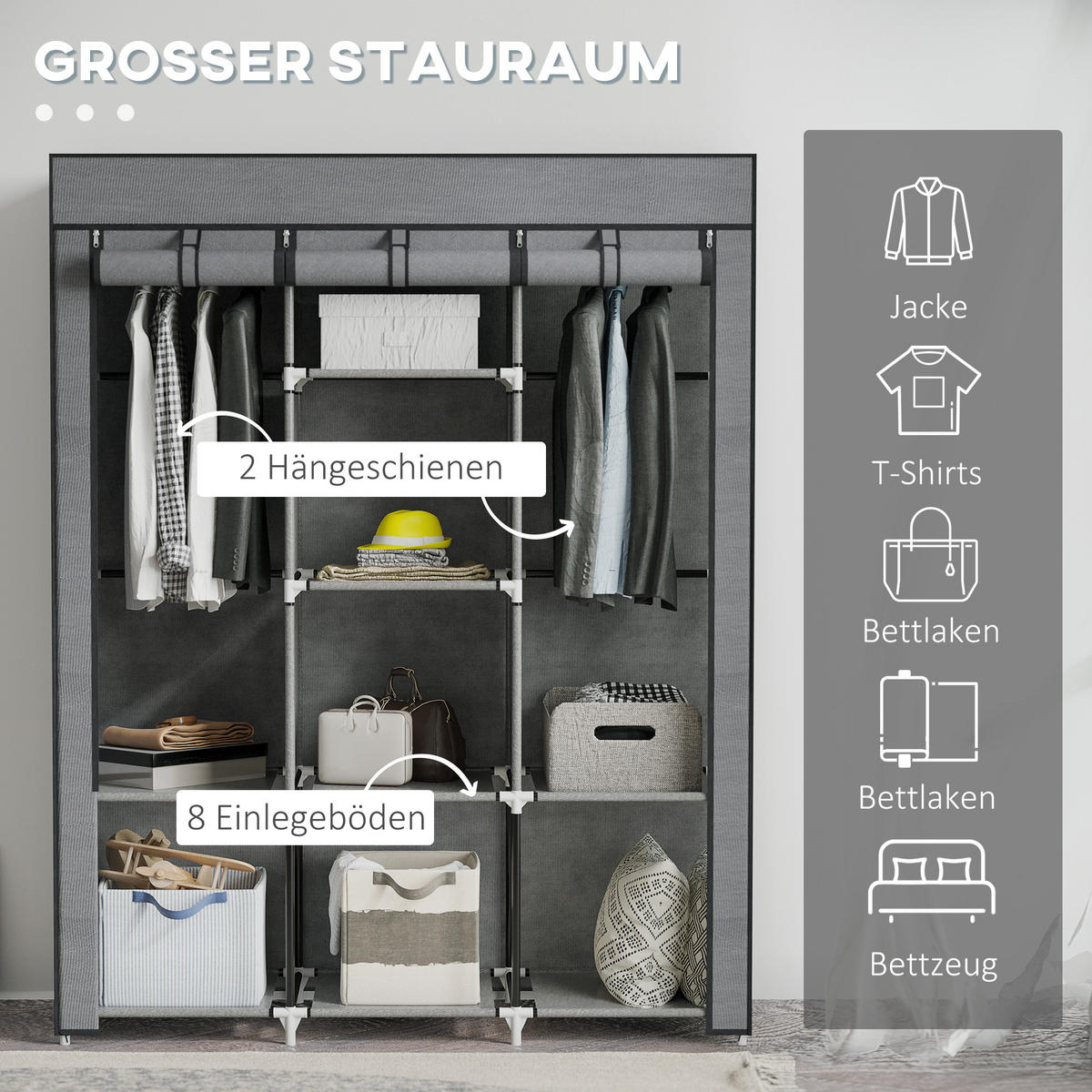 STOFFSCHRANK, 8 Ebenen, Dunkelgrau, 125 x 43 x 162,5 cm - Dunkelgrau, Metall (125/162.5/43cm) - HOMCOM