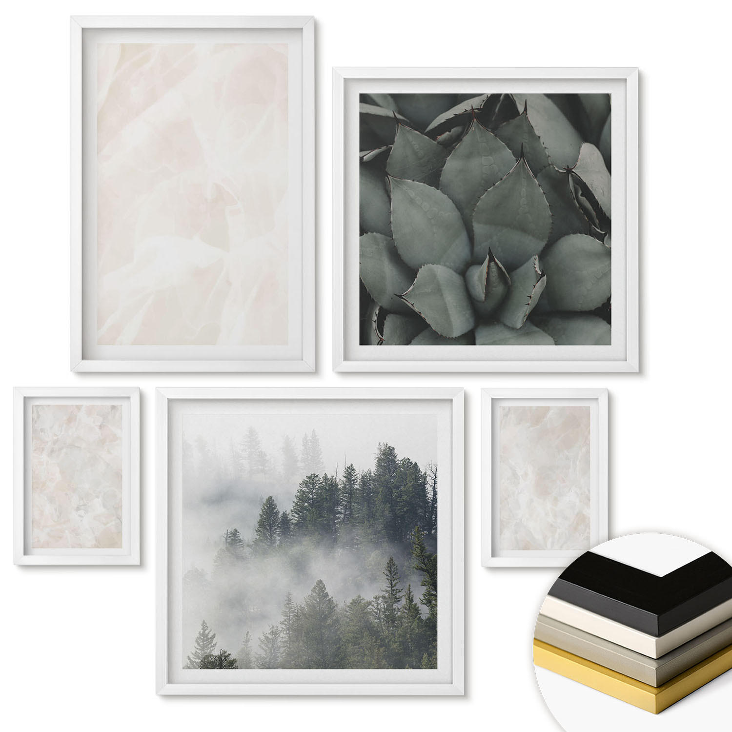 WANDBILDER 5er-Set - 50x50 cm & 20x30 cm & 40x60 cm Weißer Rahmen - Steinpastellmarmor - Weiß, Kunststoff (40/60cm) - ArtPrintCave