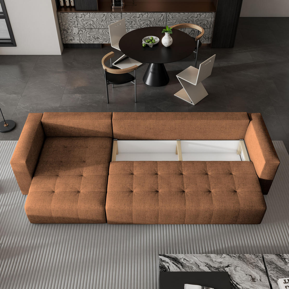 ECKSOFA OLVERA Kupferfarben Geflochtener Stoff mit Schlaffunktion - Kupferfarben, Holz (347/148cm) - MASSENO