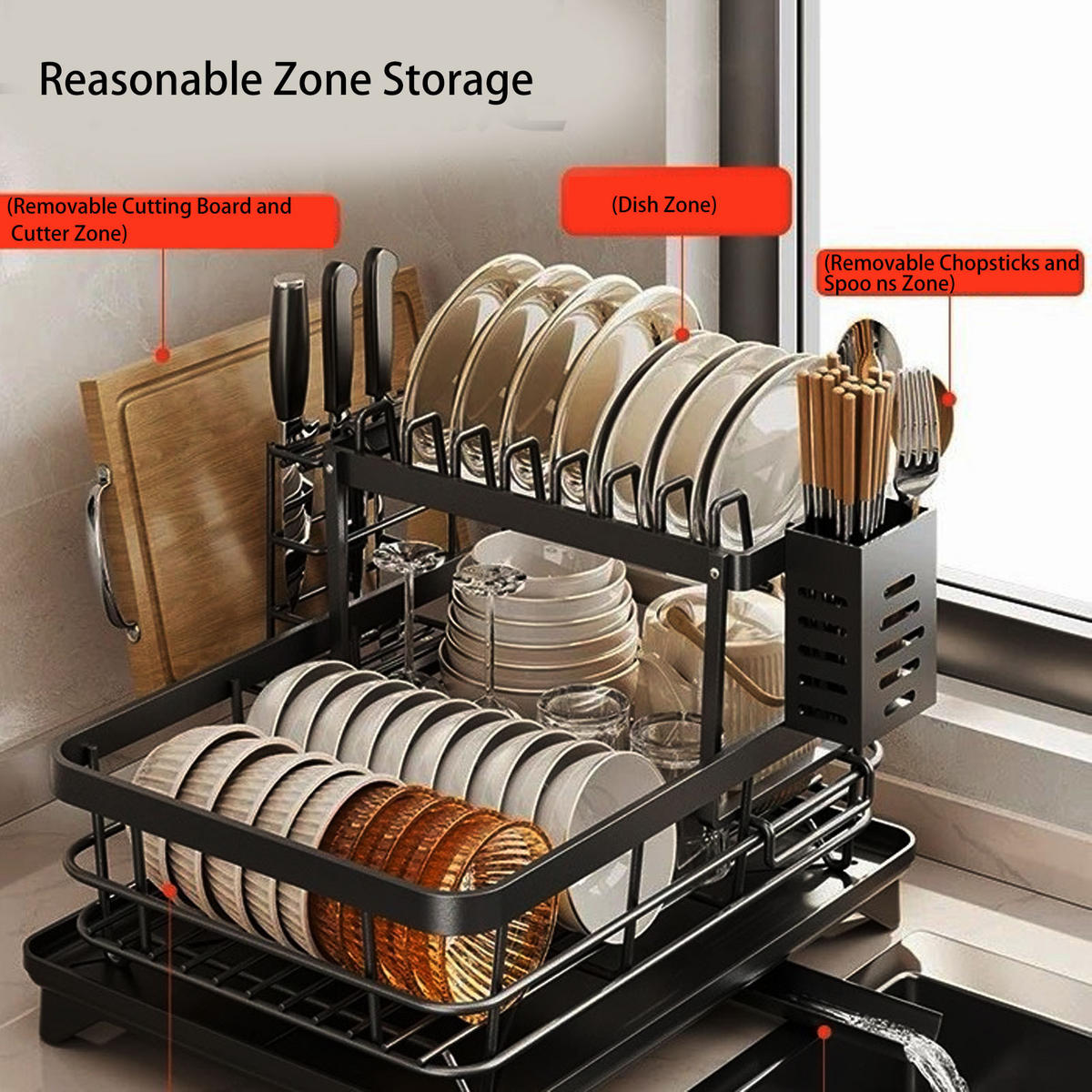 ABTROPFGESTELL 2 Etagen Edelstahl Schwarz – Großes Geschirrabtropfregal, rostfrei, multifunktionaler Küchen Organizer für Teller & Besteck - Schwarz, Metall (32/14/43cm) - Ej. Life
