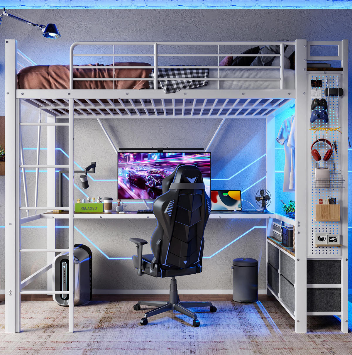 HOCHBETT 90/200 cm Eisenrahmen mit Schreibtisch und LED-Beleuchtung mit Matratze - Weiß, Metall (90/200cm) - OKWISH