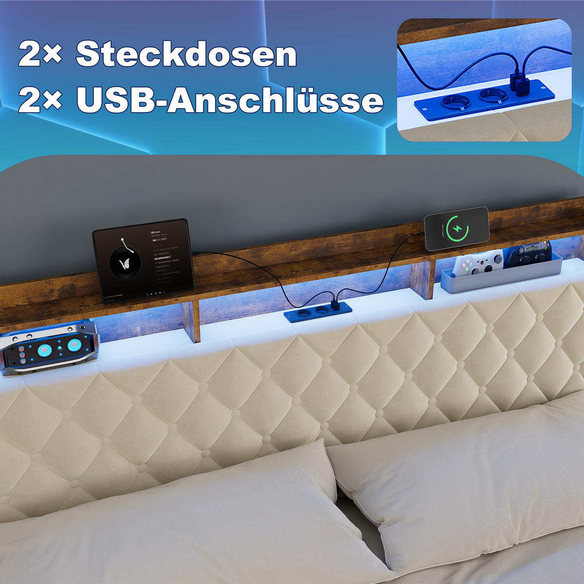 POLSTERBETT 180/200 cm in Beige Samt mit Bettkasten, LED-Beleuchtung und USB-Anschluss - Beige, Holzwerkstoff/Textil (180/200cm) - CHICFURN