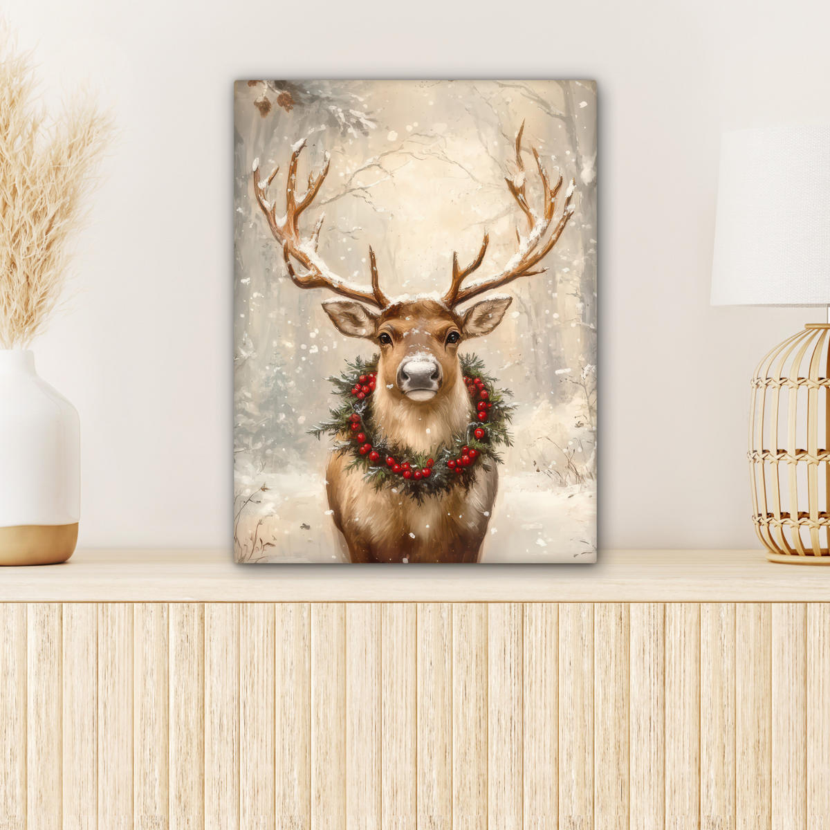LEINWANDBILD Weihnachten - Rentier - Winter - Kranz 30x40 cm - Naturfarben, Textil (30/40cm) - MuchoWow
