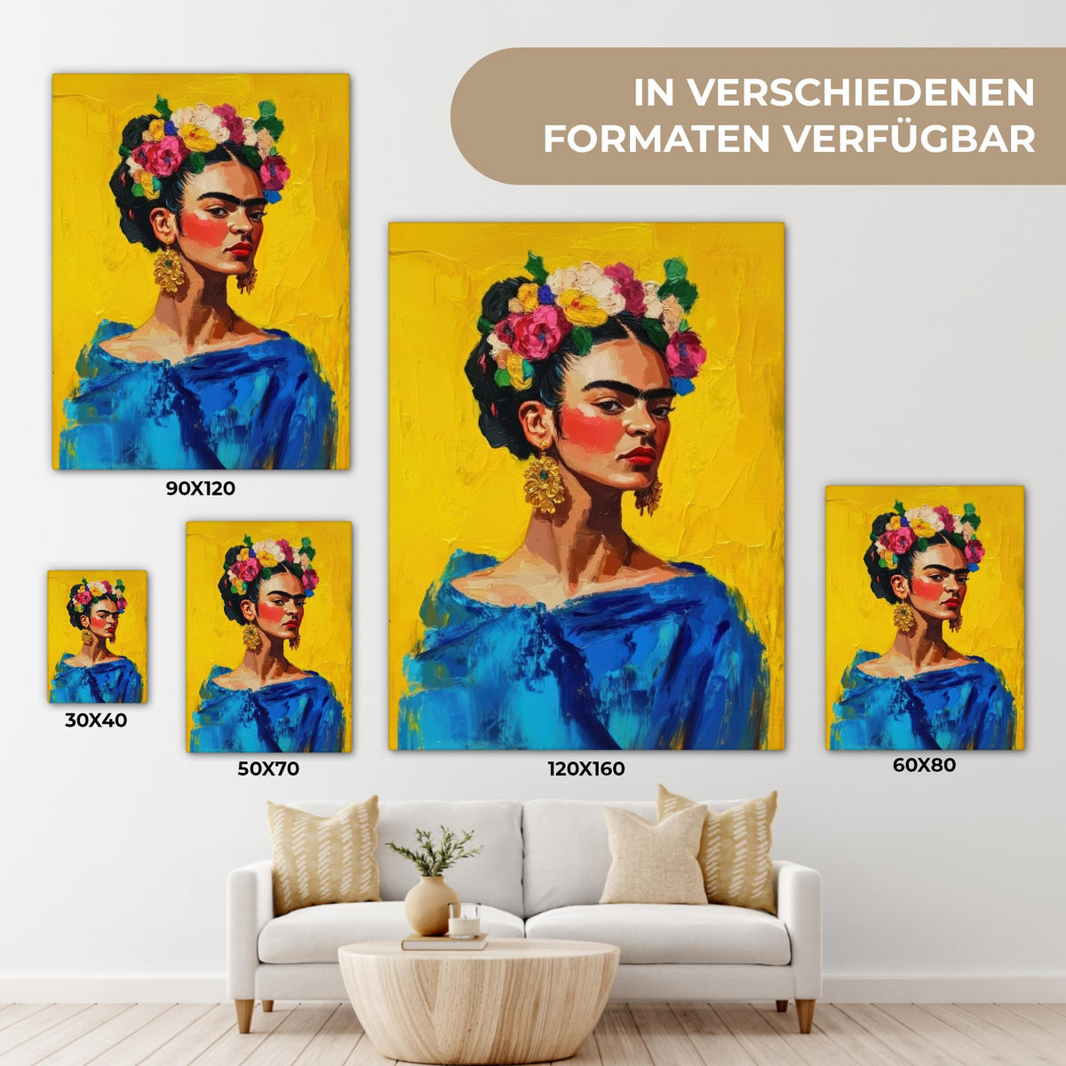 LEINWANDBILD Frida Kahlo - Frau - Gelb - Blau - Blumen 60x80 cm - Gelb, Textil (60/80cm) - MuchoWow