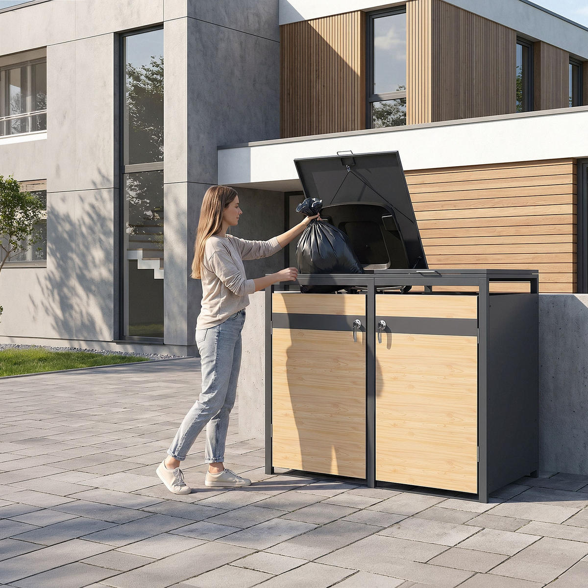 MÜLLTONNENBOX 3er Anthrazit-Lärchenoptik - Hellbraun, Metall (200/120/80cm) - ML-DESIGN