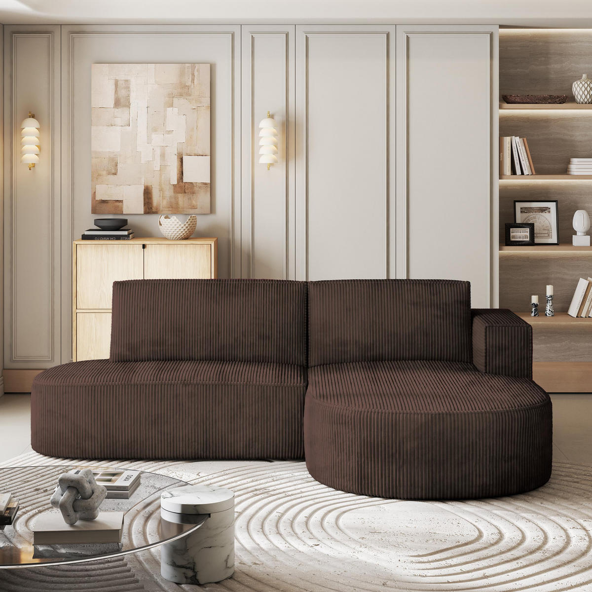 ECKSOFA CORTIO P R-S Braun Kordstoff mit Schlaffunktion - Braun, Holz (265/174cm) - MASSENO