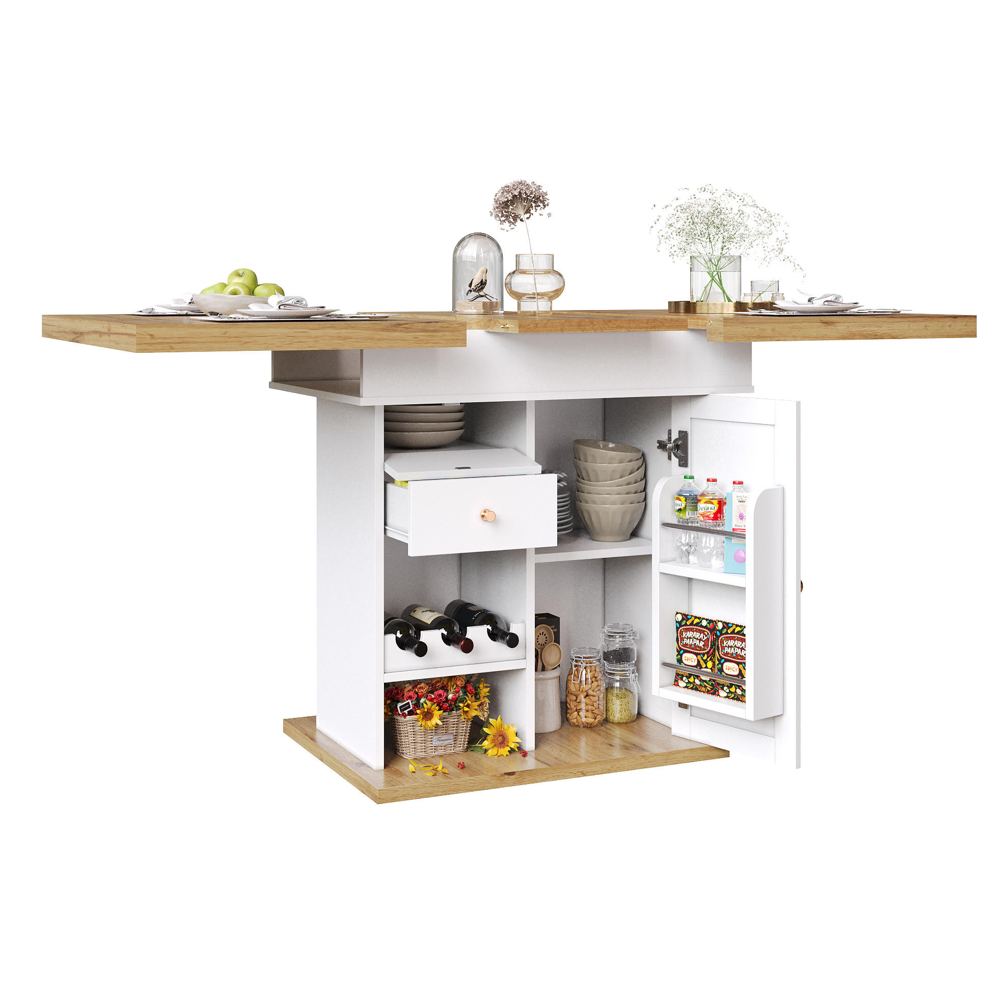 Modfu ROZKLÁDACÍ jídelní stůl z MDF 110-140x80x75 cm přírodní/bílá s úložným prostorem, zásuvkou a regálem na víno