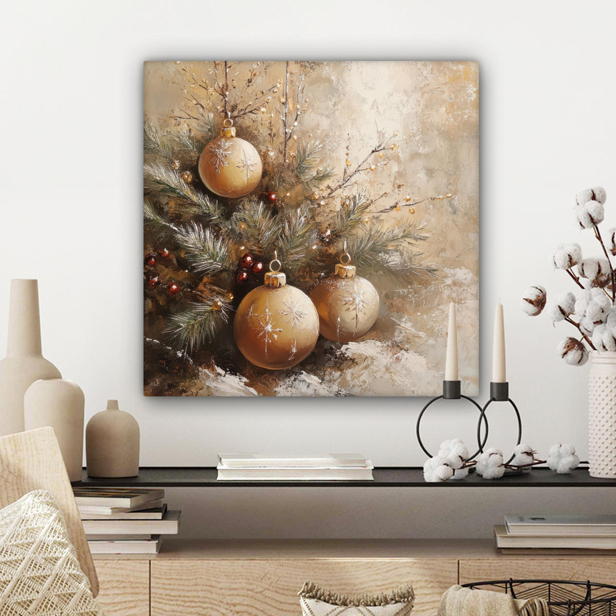 LEINWANDBILD Weihnachten - Kugeln - Beige - Gold Wandbild Wohnzimmer 50x50 cm - Goldfarben, Textil (50/50cm) - MuchoWow