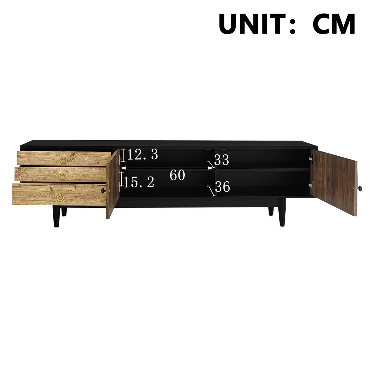 TV-LOWBOARD 180/38/50 cm mit 2 Türen, 3 Schubladen und Soft-Close - Schwarz, Holzwerkstoff (180/38/50cm) - BEAOK