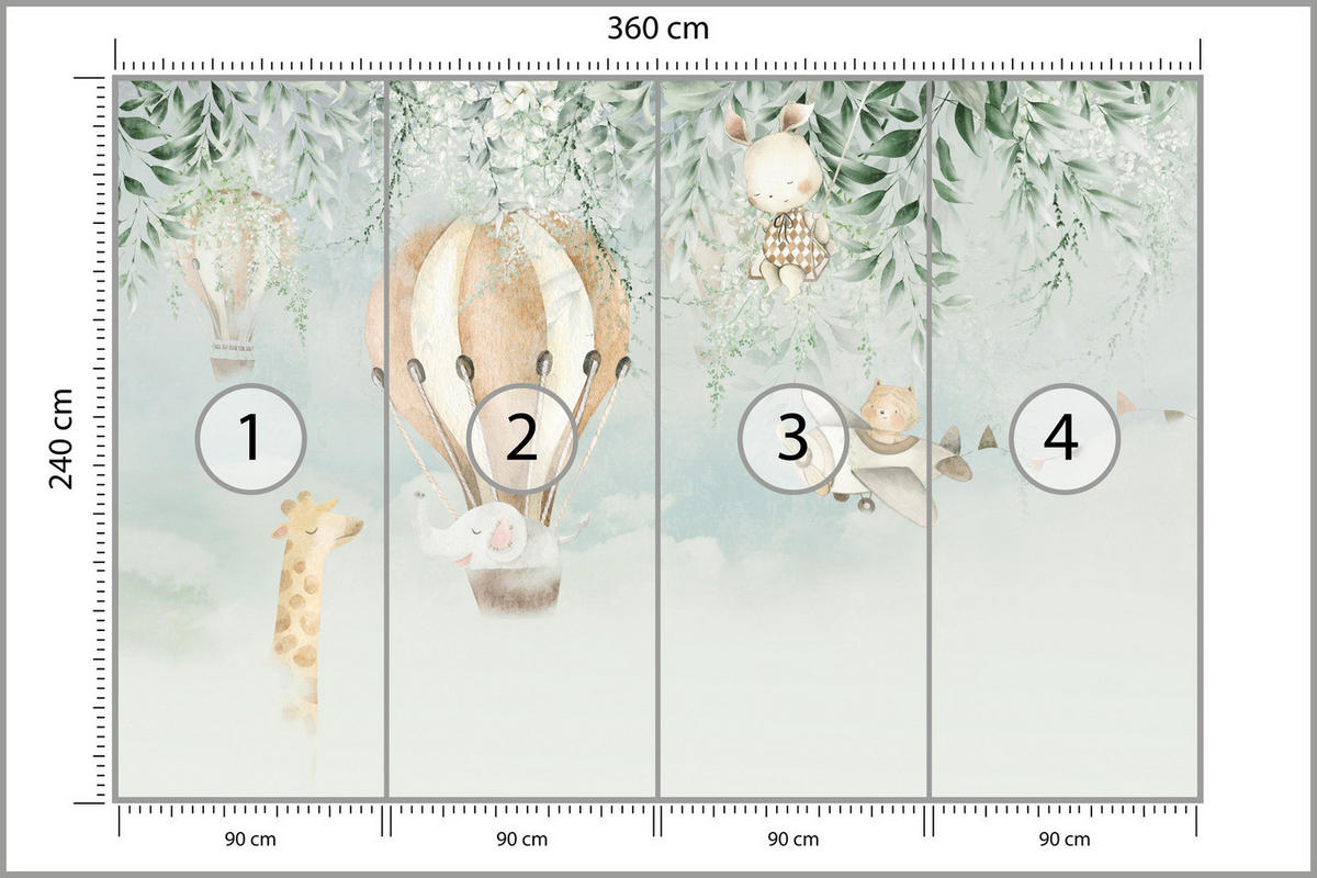 FOTOTAPETE Für Kinder TIERE Luftballons Blätter Blumen Wolken 360x240cm - Beige/Braun, Papier (360/240cm) - Muralo